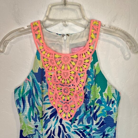 Lilly Pulitzer Pearl Shift Dress Blue Floral Size 00 Embroidered Halter Neckline - Picture 4 of 9